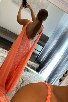 Orange Watteau Train Sequins Long Prom Dress