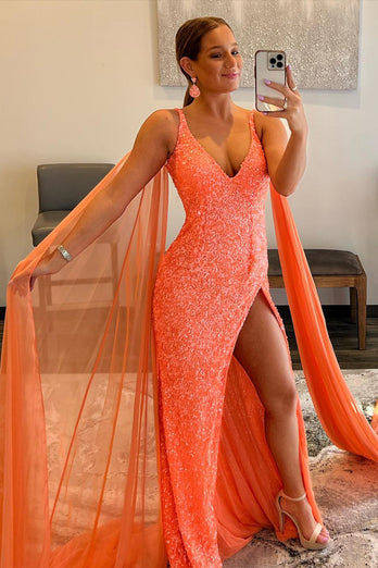 Orange Watteau Train Sequins Long Prom Dress