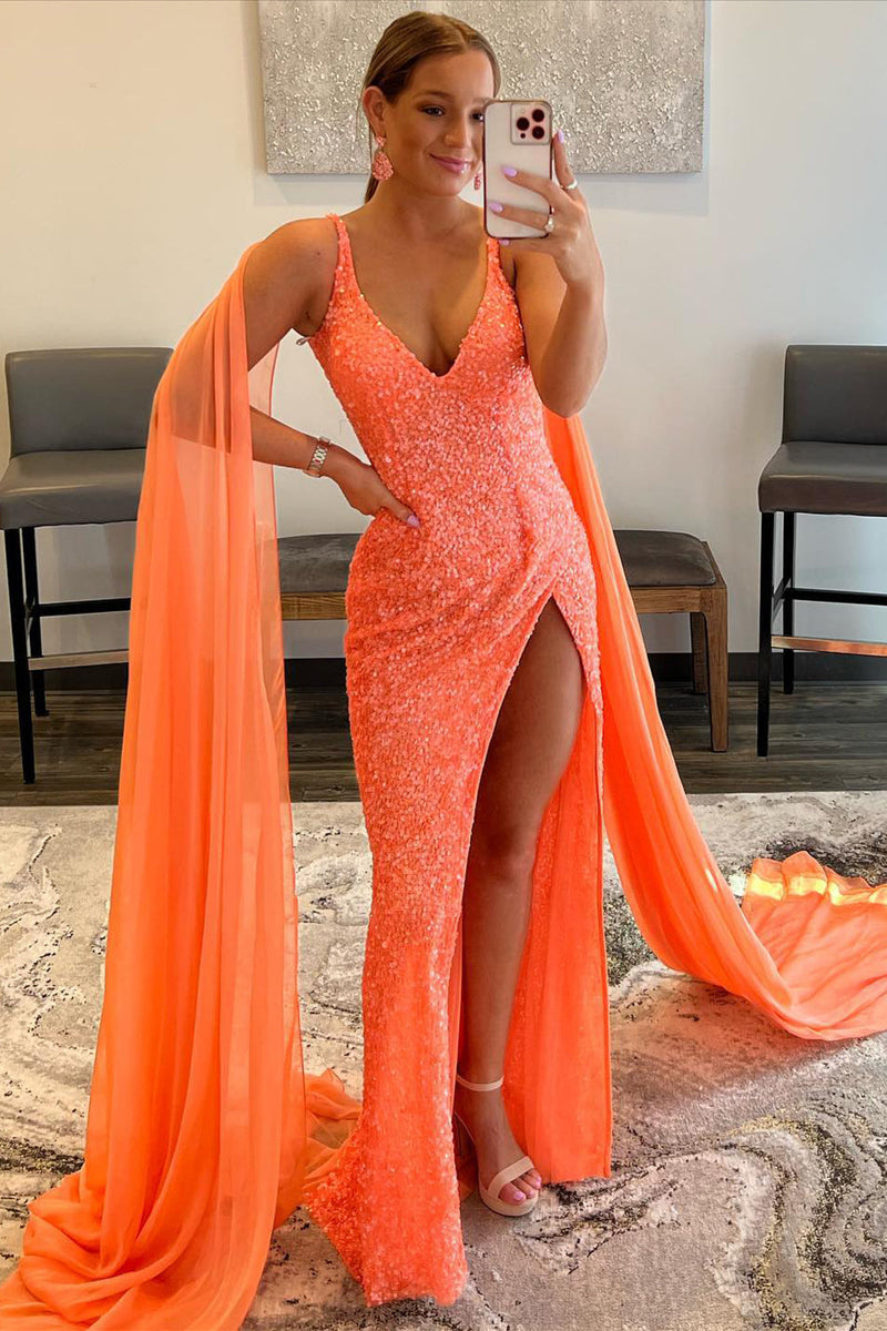 Load image into Gallery viewer, Orange Watteau Train Sequins Long Prom Dress