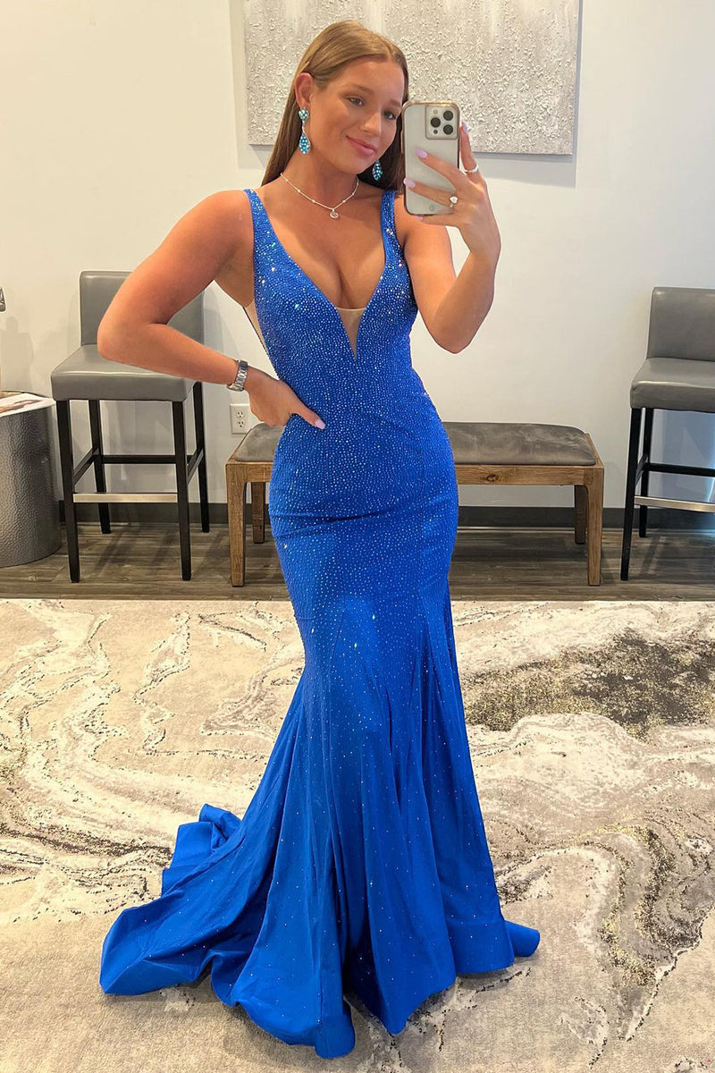 Load image into Gallery viewer, Mermaid Deep V Neck Royal Blue Long Prom Dress with Beading