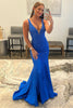 Load image into Gallery viewer, Mermaid Deep V Neck Royal Blue Long Prom Dress with Beading
