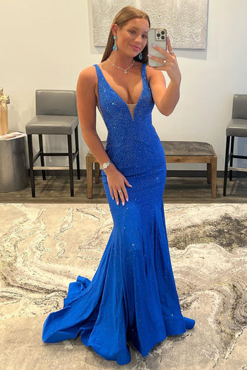Mermaid Deep V Neck Royal Blue Long Prom Dress with Beading