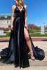 Load image into Gallery viewer, A-Line V-Neck Satin Black Long Prom Dress with Slit