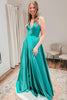 Load image into Gallery viewer, A-Line V-Neck Satin Black Long Prom Dress with Slit