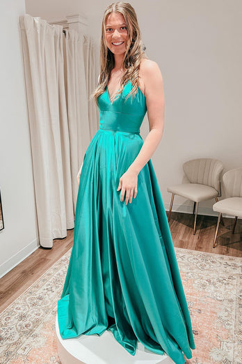 A-Line V-Neck Satin Black Long Prom Dress with Slit