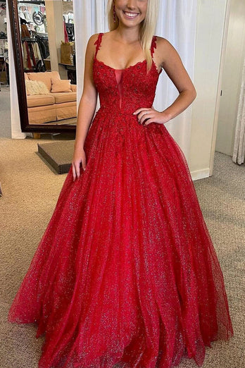 Red A-line Backless Glitter Prom Dress