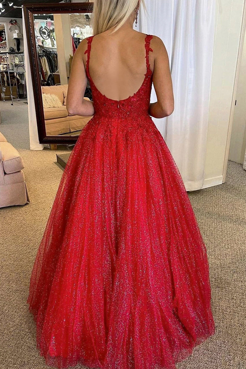 Load image into Gallery viewer, Red A-line Backless Glitter Prom Dress