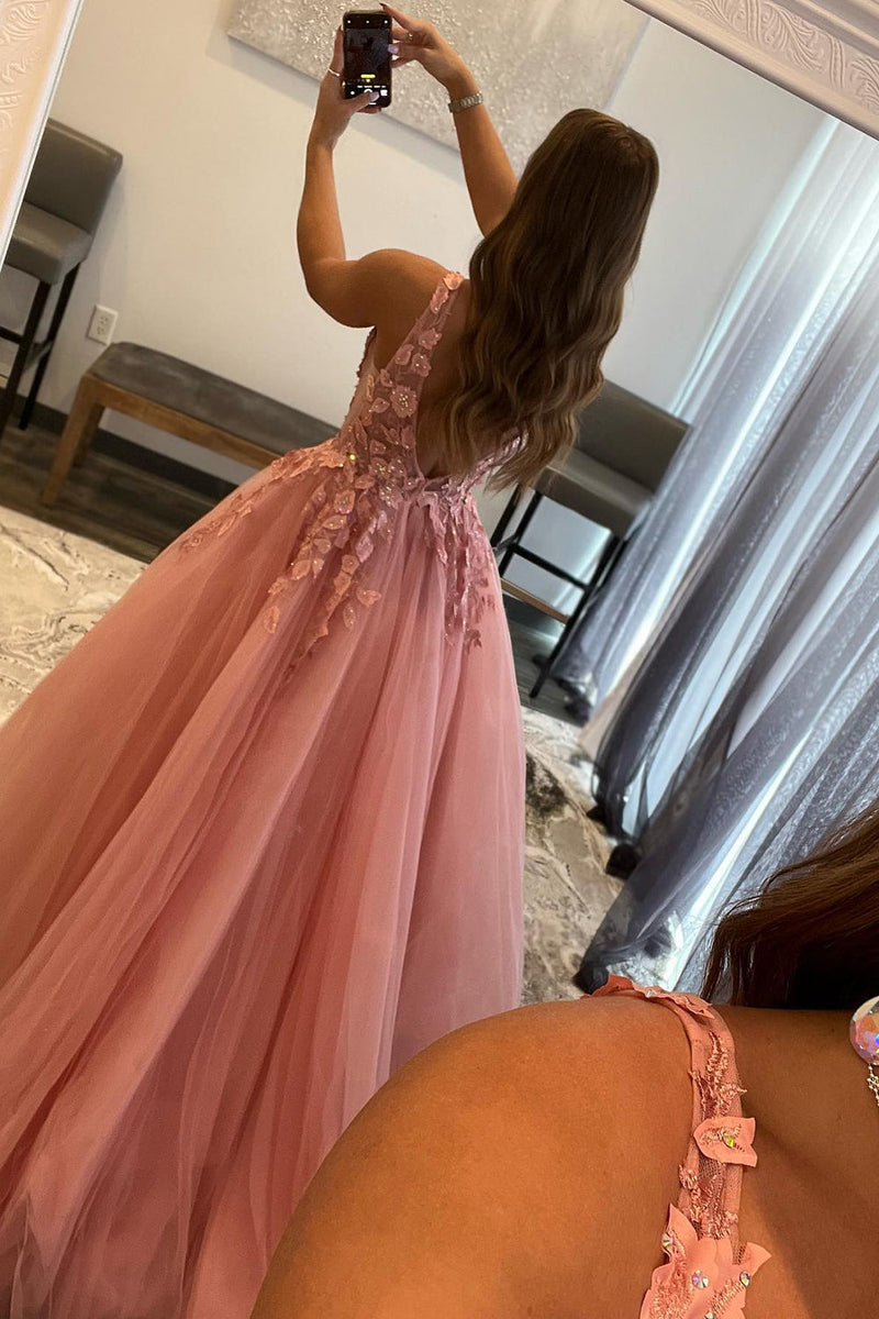 Load image into Gallery viewer, A Line V Neck Orange Prom Dress with Appliques