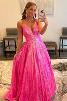 Load image into Gallery viewer, Glitter V-Neck Fuchsia Sequins Long Prom Dress