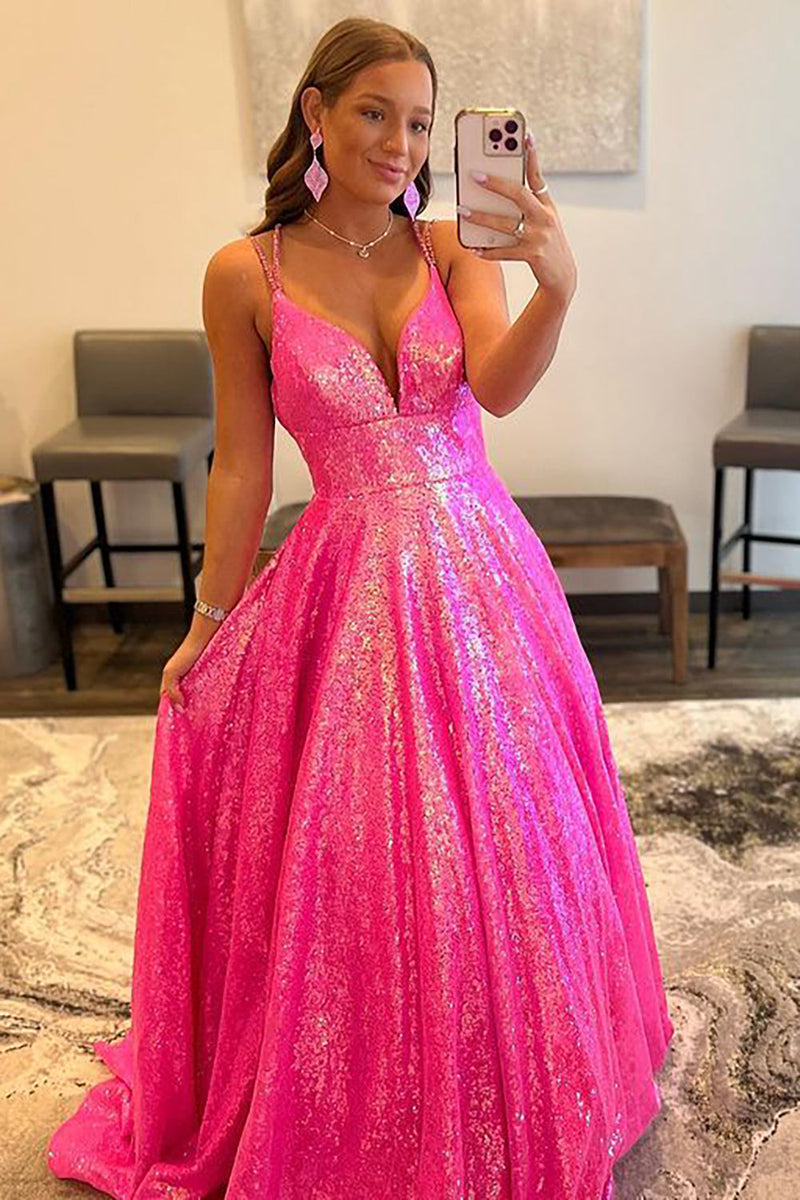 Load image into Gallery viewer, Glitter V-Neck Fuchsia Sequins Long Prom Dress
