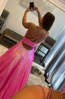 Load image into Gallery viewer, Glitter V-Neck Fuchsia Sequins Long Prom Dress