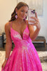 Load image into Gallery viewer, Glitter V-Neck Fuchsia Sequins Long Prom Dress