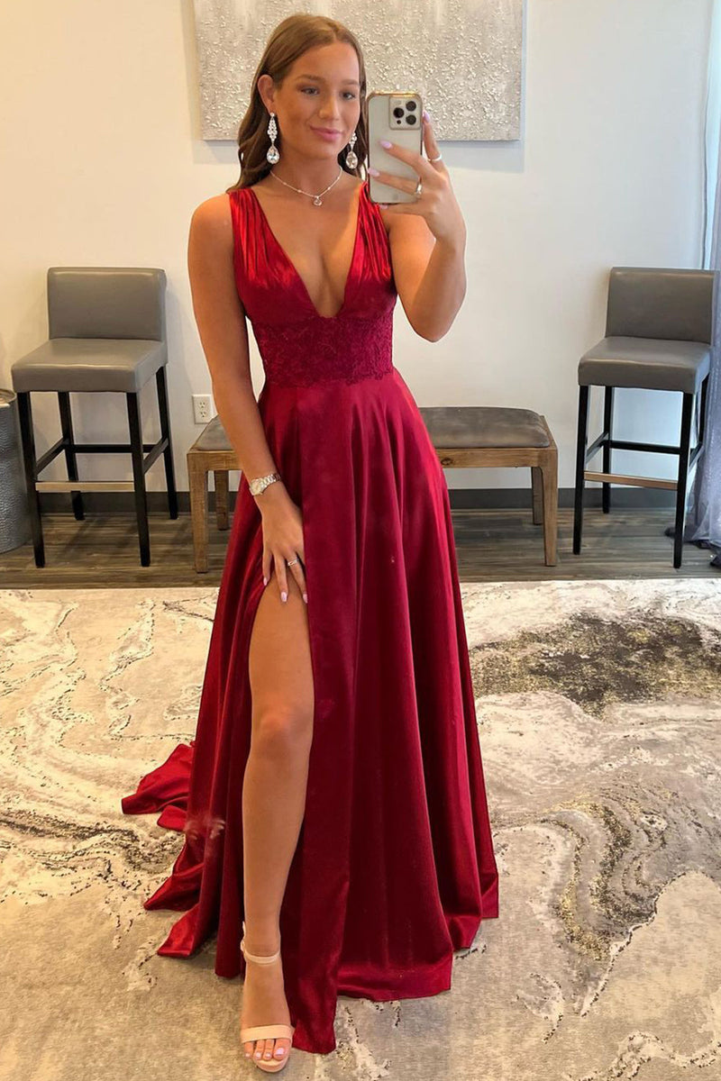 Load image into Gallery viewer, Burgundy V Neck Backless Long Prom Dress with Lace
