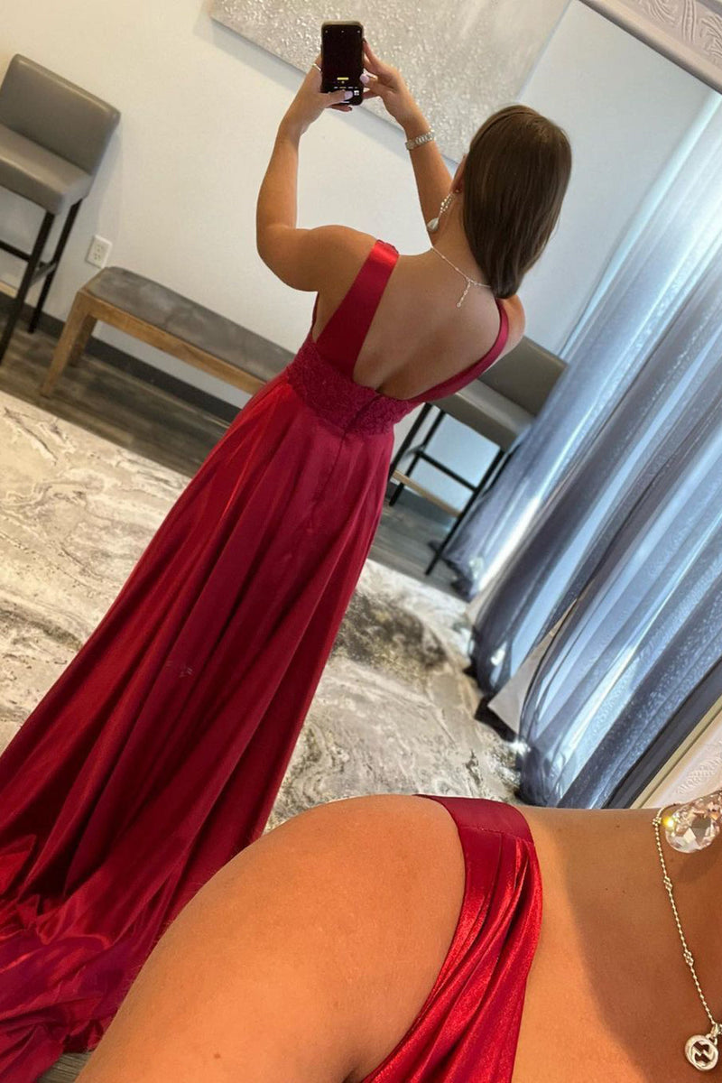Load image into Gallery viewer, Burgundy V Neck Backless Long Prom Dress with Lace