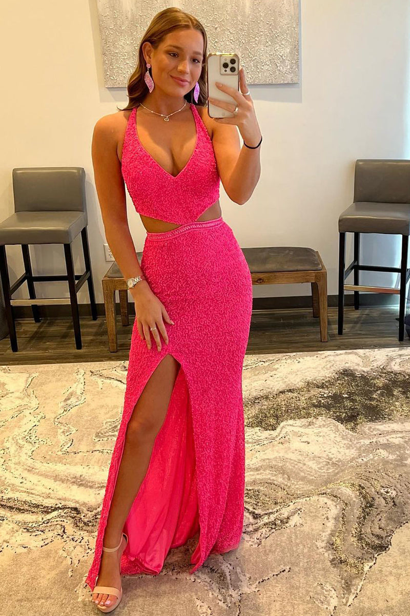 Load image into Gallery viewer, Fuchsia Sequins Criss Cross Straps Prom Dress