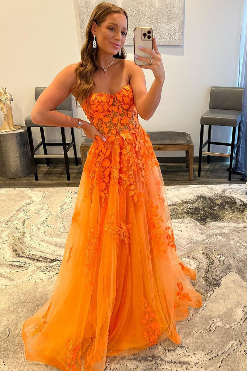 Load image into Gallery viewer, Orange Sweetheart Long Prom Dress with Appliques