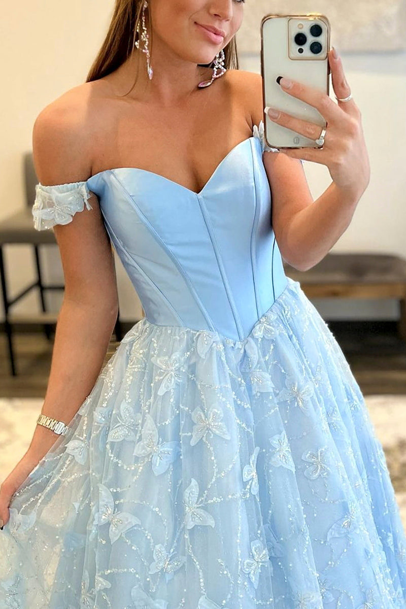 Load image into Gallery viewer, Light Blue Lace Off the Shoulder Lace Long Prom Dress