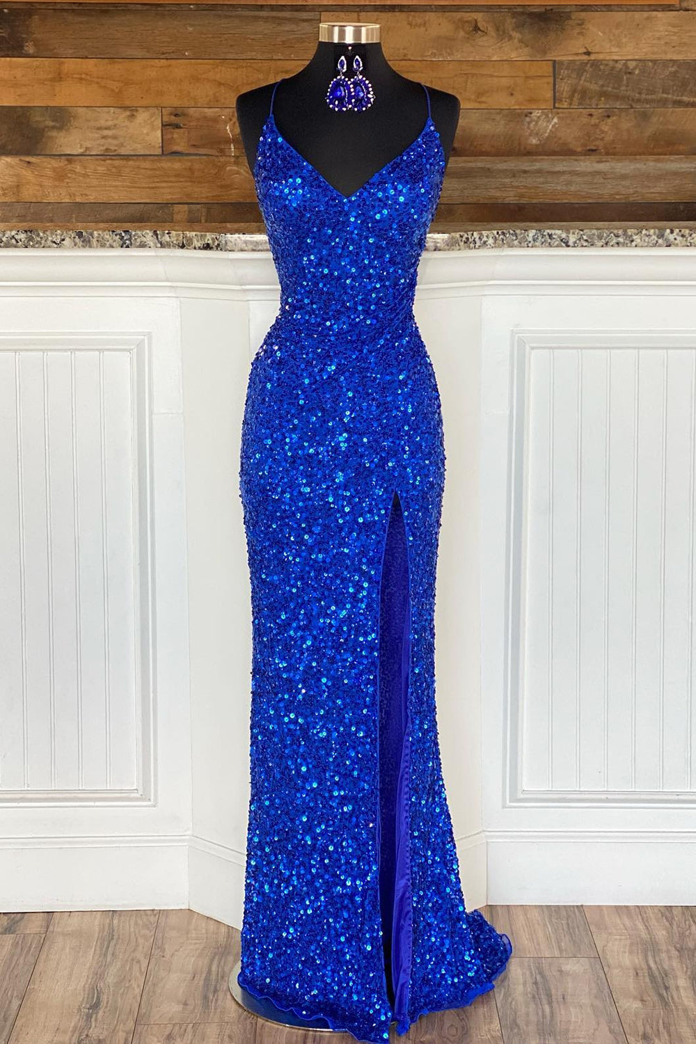 Mermaid Spaghetti Straps Royal Blue Sequins Long Prom Dress
