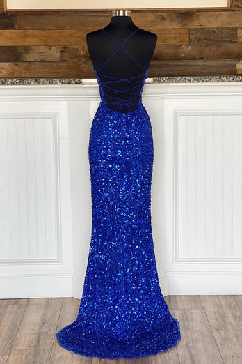 Mermaid Spaghetti Straps Royal Blue Sequins Long Prom Dress