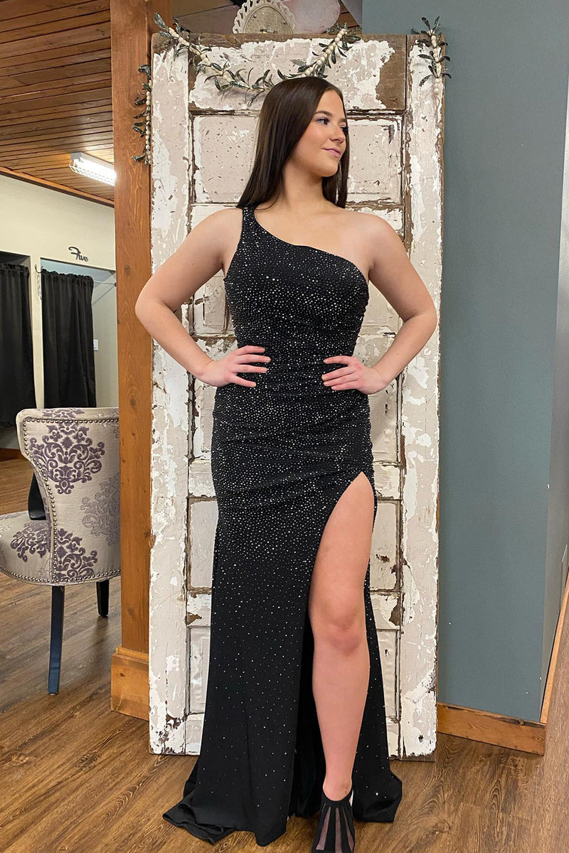 Load image into Gallery viewer, Sheath One Shoulder Red Long Prom Dress with Beading