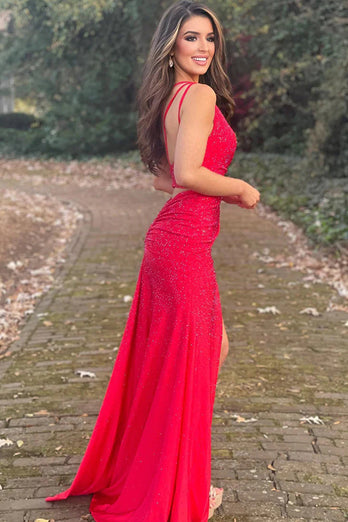 Sheath One Shoulder Red Long Prom Dress with Beading