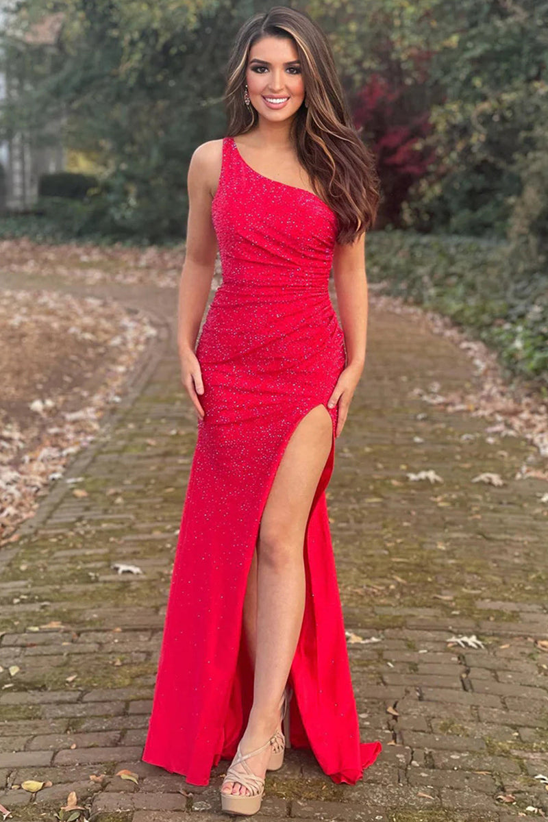 Load image into Gallery viewer, Sheath One Shoulder Red Long Prom Dress with Beading