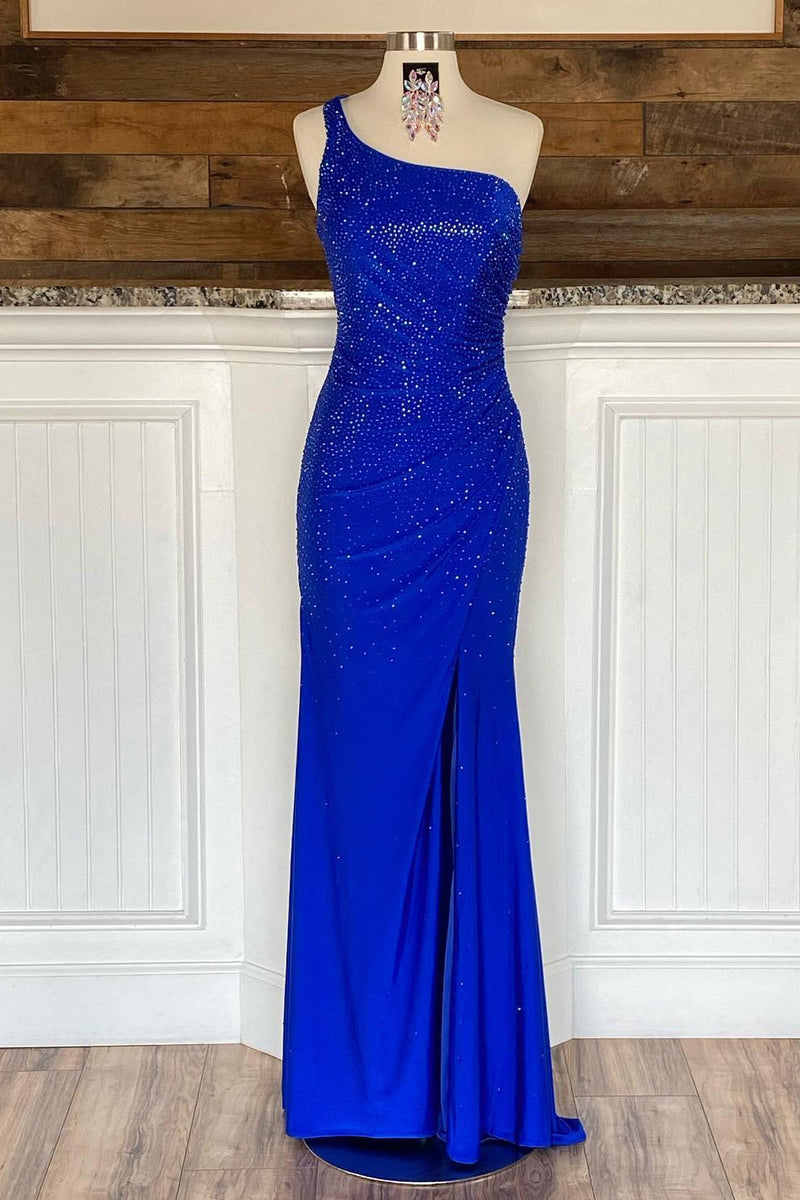 Load image into Gallery viewer, Sheath One Shoulder Fuchsia Long Prom Dress with Beading