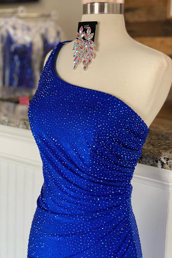 Sheath One Shoulder Royal Blue Long Prom Dress with Beading