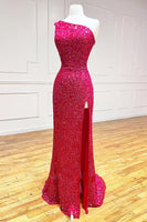 Load image into Gallery viewer, Sheath One Shoulder White Sequins Long Prom Dress with Split Front