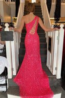 Load image into Gallery viewer, Sheath One Shoulder White Sequins Long Prom Dress with Split Front