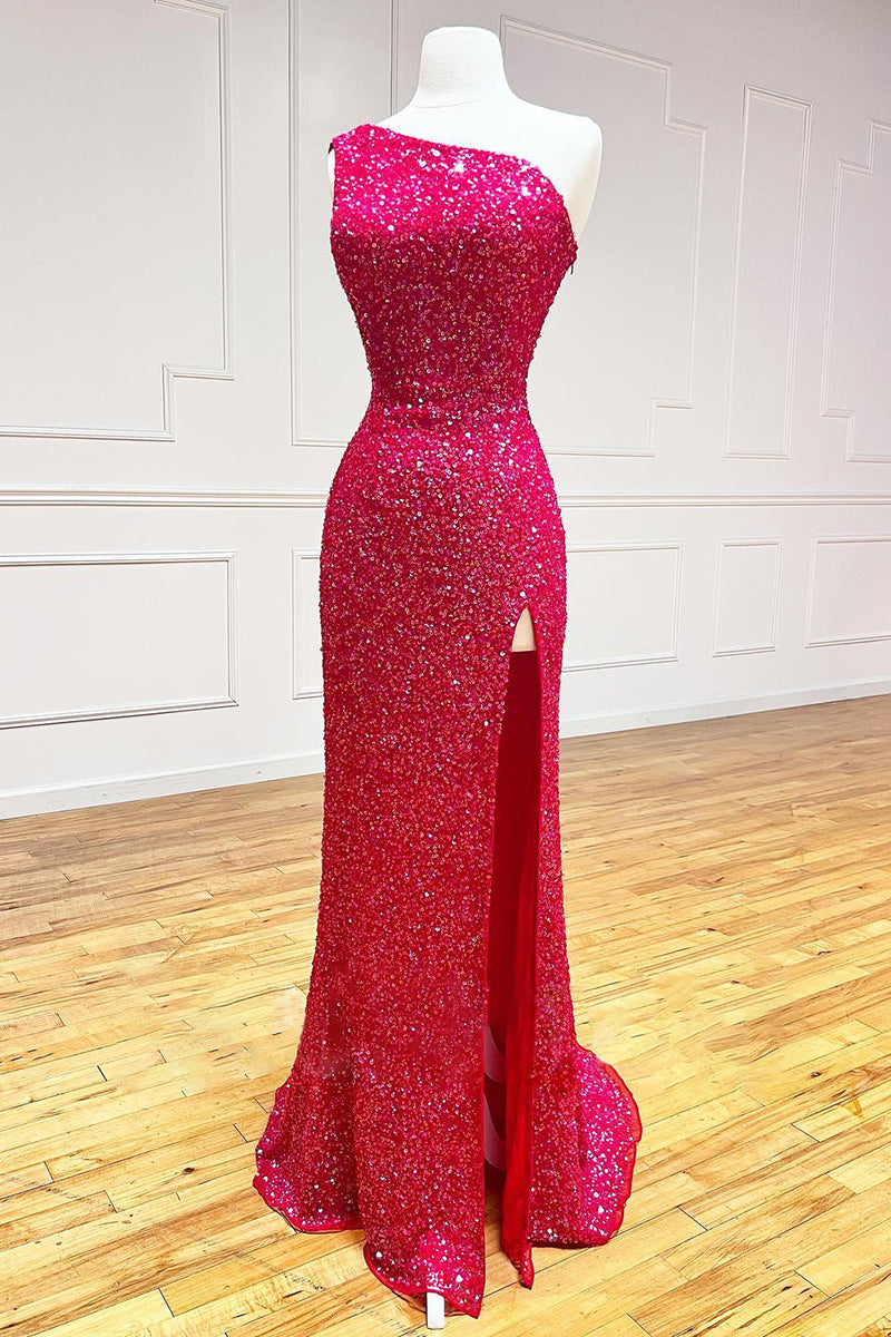 Load image into Gallery viewer, Sheath One Shoulder White Sequins Long Prom Dress with Split Front
