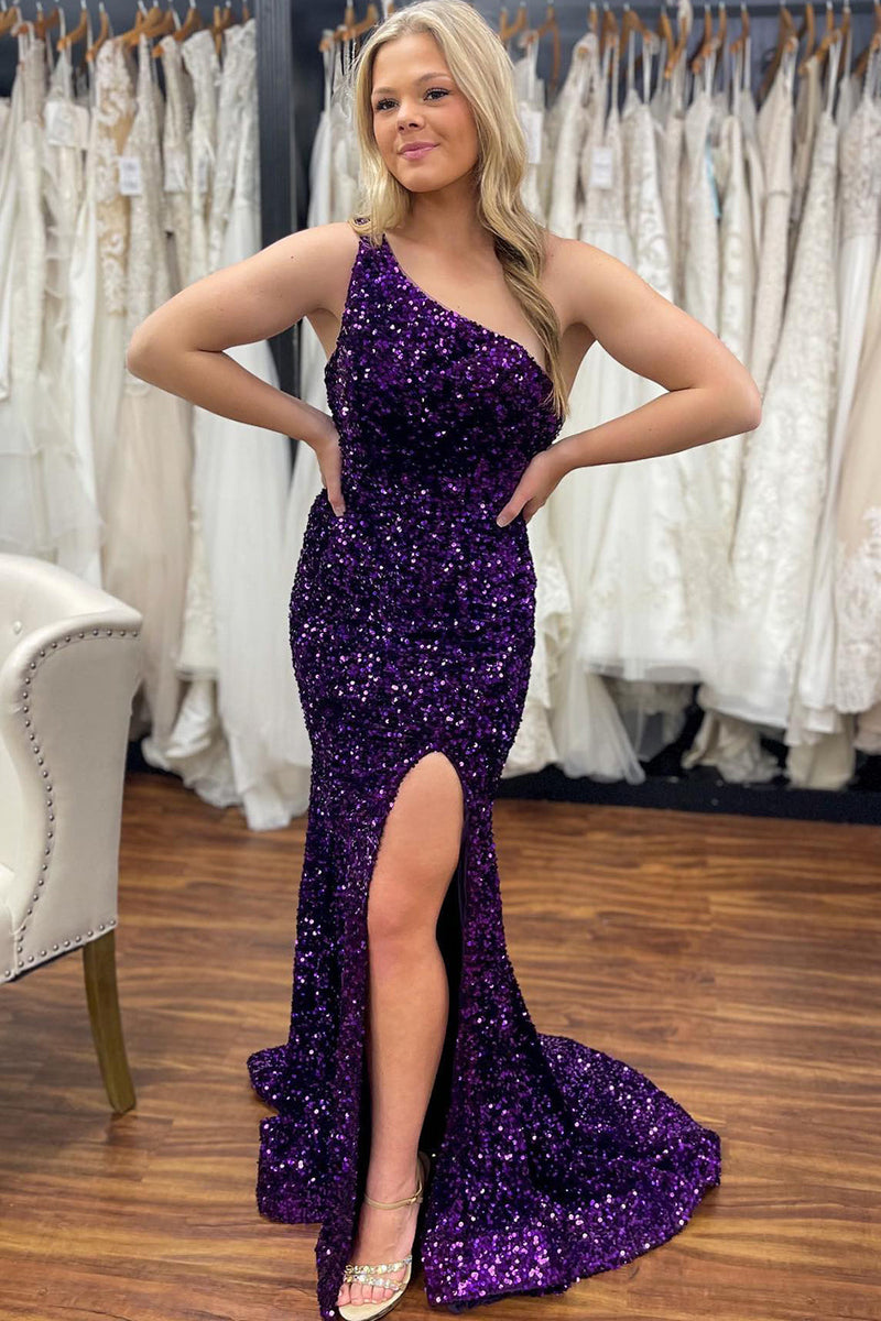 Load image into Gallery viewer, Sheath One Shoulder White Sequins Long Prom Dress with Split Front