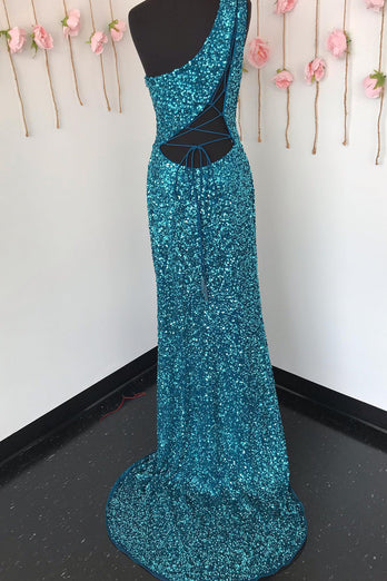 Sheath One Shoulder White Sequins Long Prom Dress with Split Front