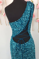 Load image into Gallery viewer, Sheath One Shoulder White Sequins Long Prom Dress with Split Front