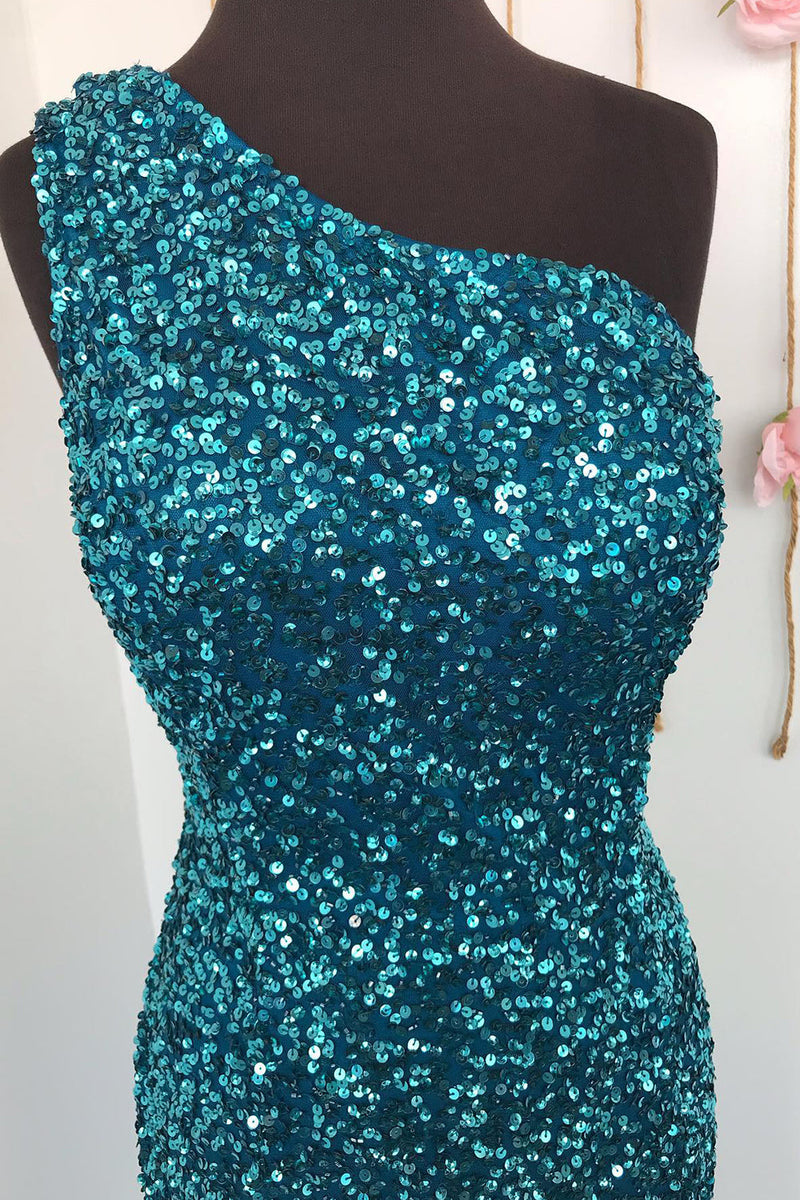 Load image into Gallery viewer, Sheath One Shoulder White Sequins Long Prom Dress with Split Front