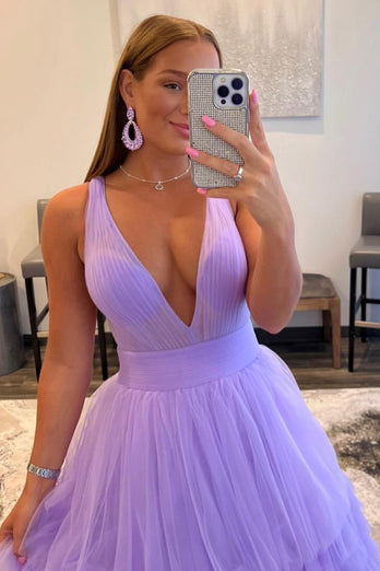 Orange Deep V-Neck Tiered Prom Dress