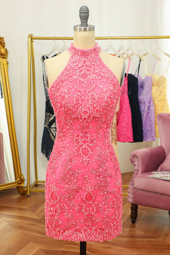 Pink Open Back Halter Lace Tight Party Dress