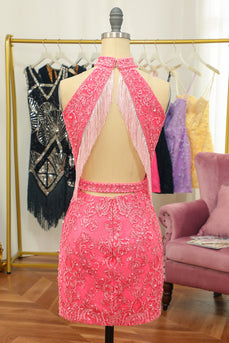Pink Open Back Halter Lace Tight Party Dress