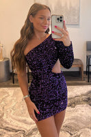 Load image into Gallery viewer, Fuchsia Waist Cut Out One Shoulder Tight Sequins Party Dress with Sleeves