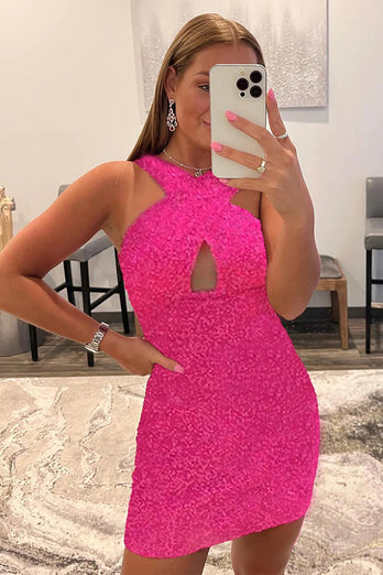 Orange Glitter Halter Backless Sequins Tight Party Dress