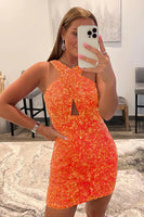 Load image into Gallery viewer, Orange Glitter Halter Backless Sequins Tight Party Dress