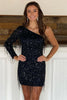 Load image into Gallery viewer, Sheath One Shoulder Black Sequins Party Dress with Tassel