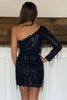 Load image into Gallery viewer, Sheath One Shoulder Black Sequins Party Dress with Tassel