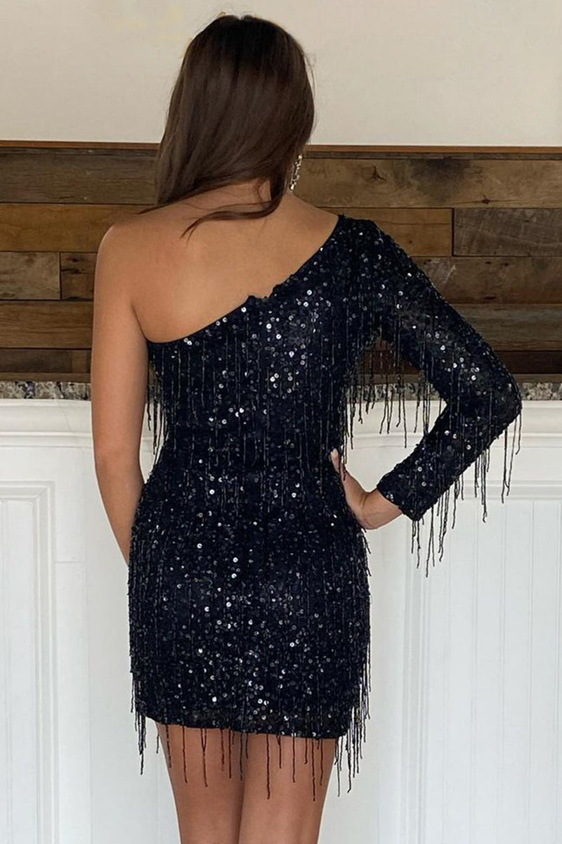 Load image into Gallery viewer, Sheath One Shoulder Black Sequins Party Dress with Tassel