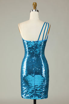 Glitter Royal Blue One Shoulder Sequins Tight Party Dress