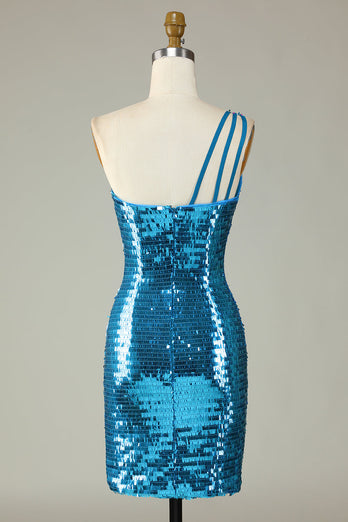 Glitter Royal Blue One Shoulder Sequins Tight Party Dress