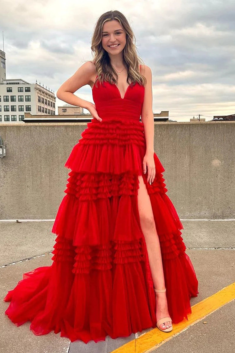 Load image into Gallery viewer, Red Tulle Spaghetti Straps Long Prom Dress