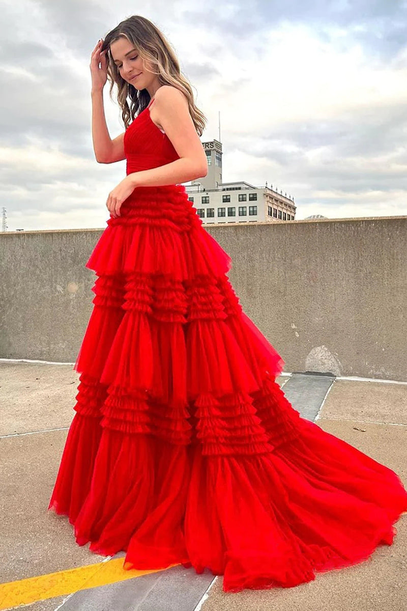 Load image into Gallery viewer, Red Tulle Spaghetti Straps Long Prom Dress