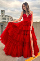 Load image into Gallery viewer, Red Tulle Spaghetti Straps Long Prom Dress