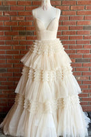 Load image into Gallery viewer, Beige Tulle Tiered Spaghetti Straps Long Prom Dress with Slit